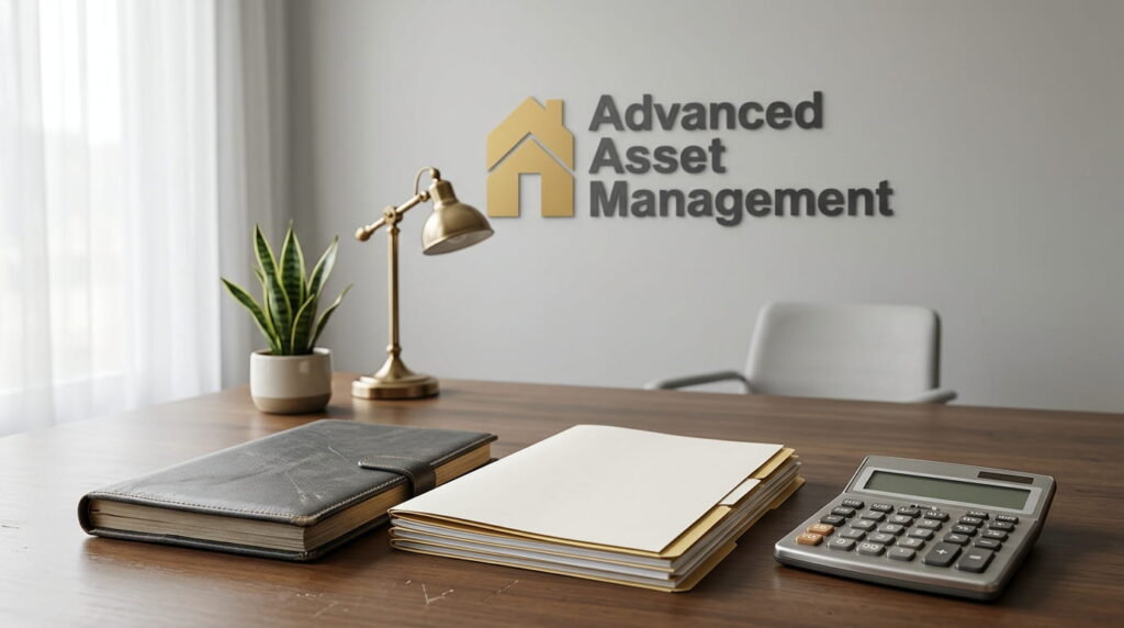 Property manager’s desk with a ledger, folders and calculator beneath an Advanced Asset Management logo sign