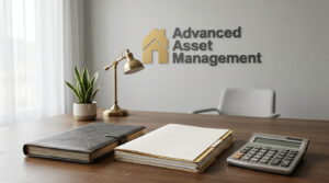 Property manager’s desk with a ledger, folders and calculator beneath an Advanced Asset Management logo sign