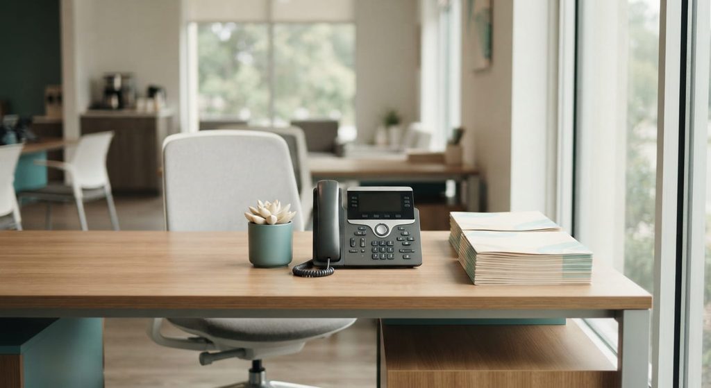 Empty apartment leasing desk with a desk phone and no agent after leasing staff leave