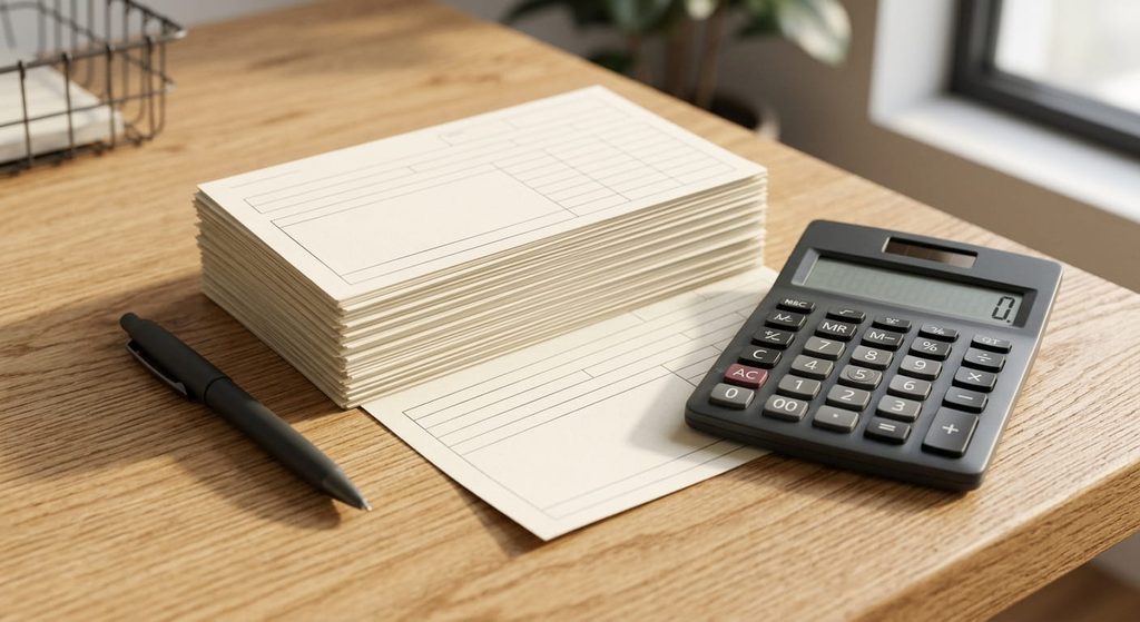 Calculator and loose pay stub papers on a desk used to check for fake pay stubs on a rental application