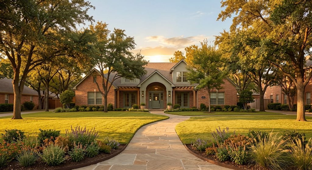 Small garden-style rental apartment building in Sherman, Texas at sunset