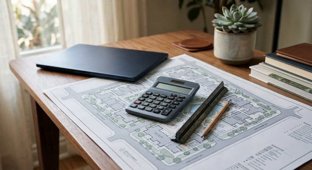 Apartment community site plan with a calculator on a conference table