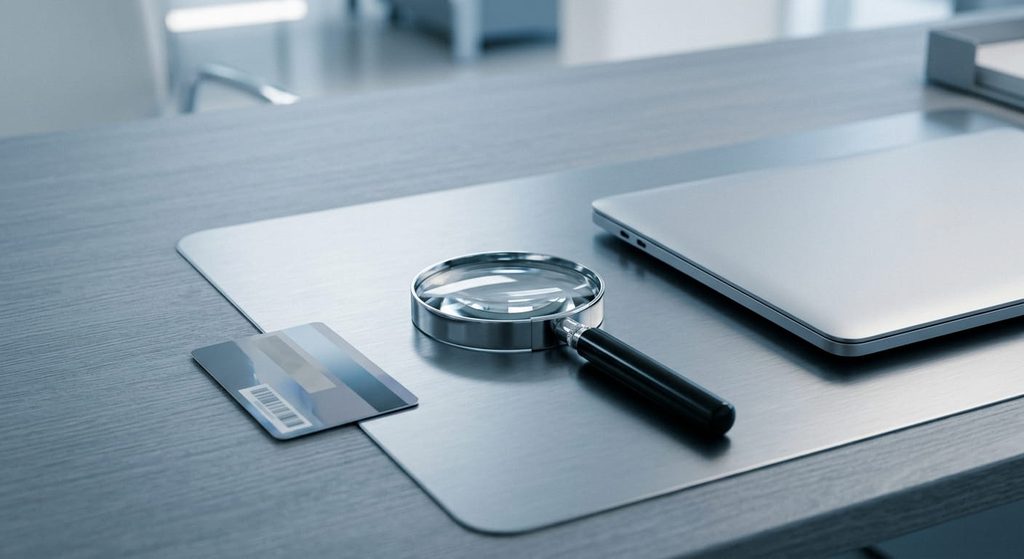 Magnifying glass beside a photo ID and laptop illustrating identity verification in renter screening