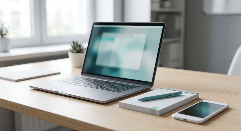 Laptop, notepad and phone on a desk for verifying applicant income at the source