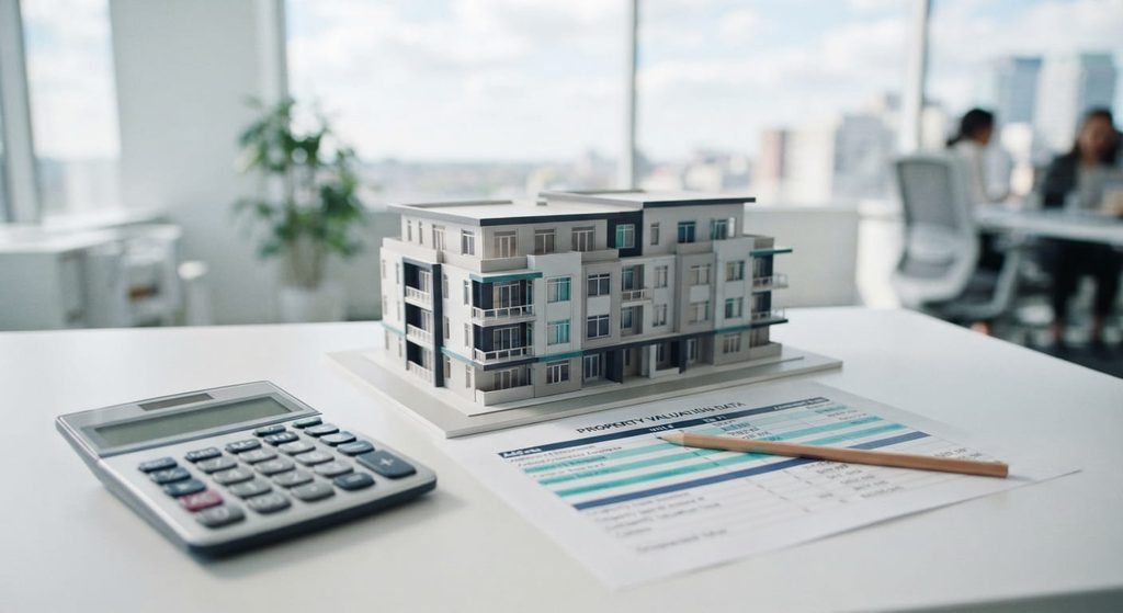 Calculator, building value spreadsheet and apartment scale model illustrating wind and hail deductible planning