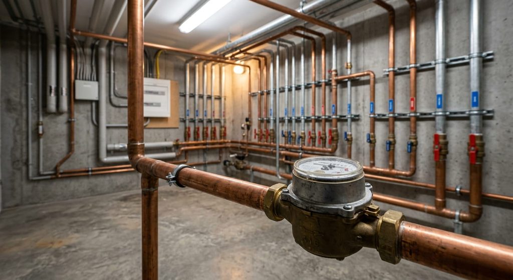 Master water meter in an apartment utility room serving the whole community