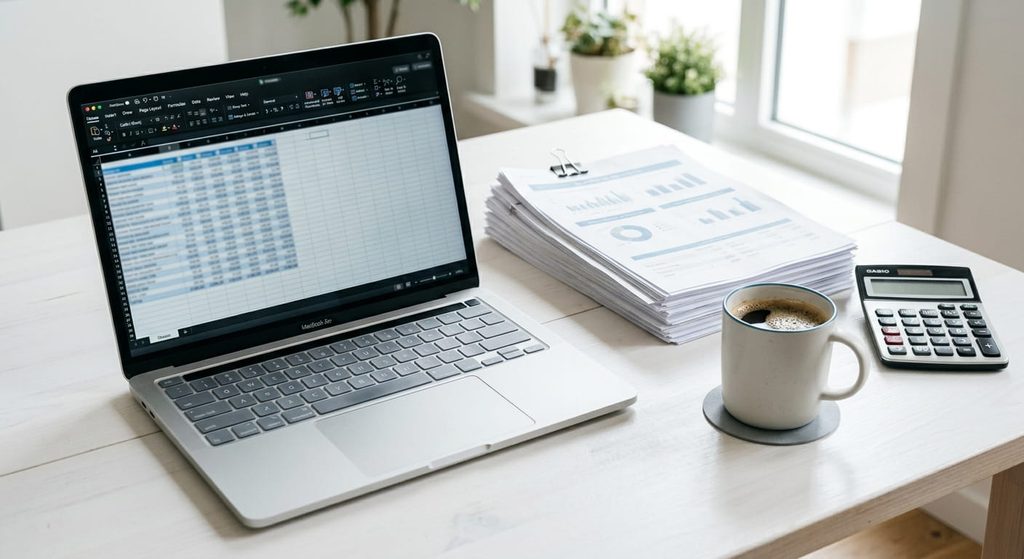 Laptop with spreadsheets and printed reports for monthly lender reporting on a multifamily property