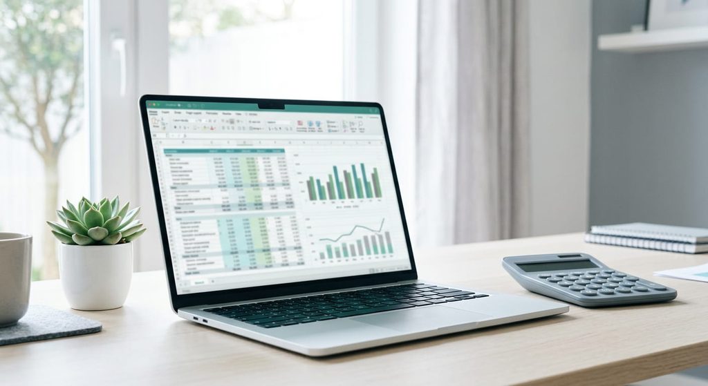 Laptop displaying a rent collection report with a calculator on an office desk
