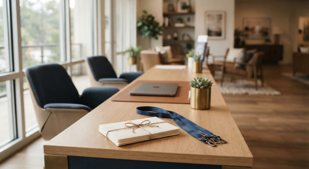 Leasing office front desk with envelopes and lanyards during an onsite team management transition
