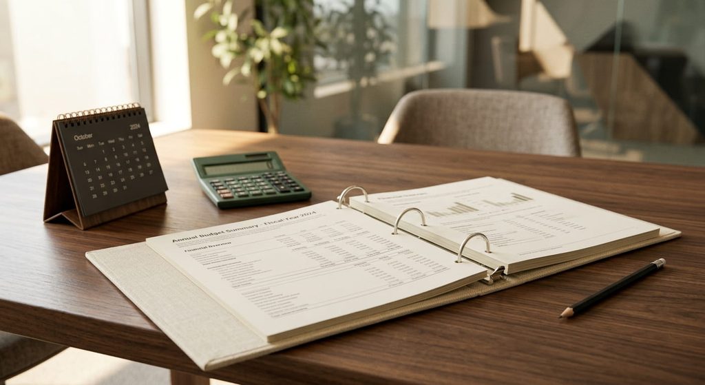 Annual operating budget binder with calendar and calculator for multifamily owner approval