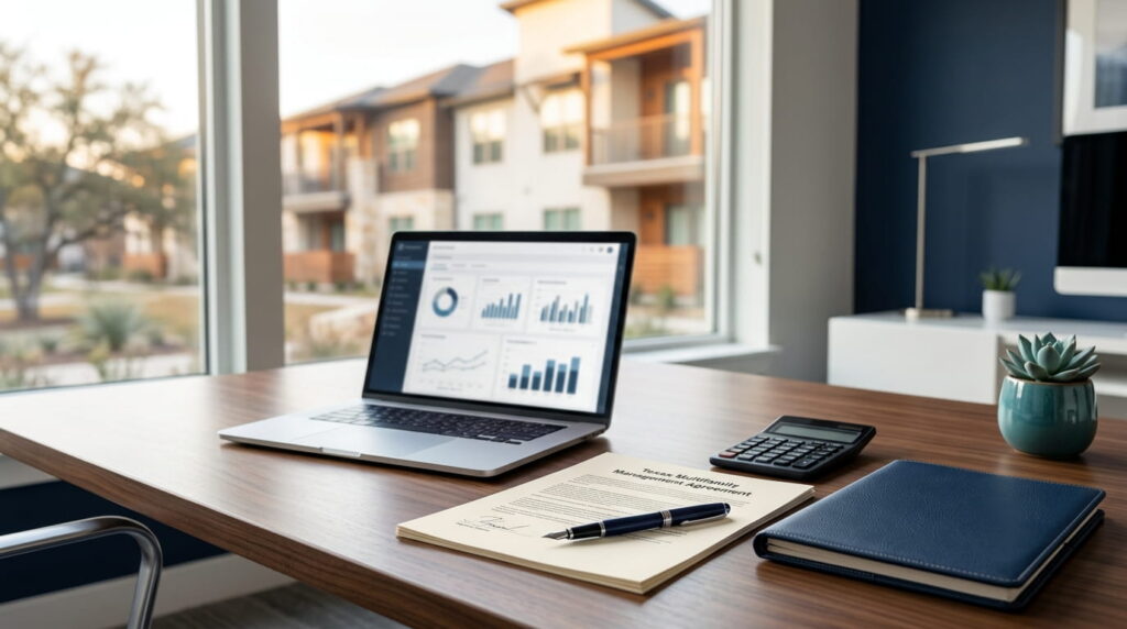Signed management agreement and owner dashboard on a laptop for an out-of-state owner hiring a Texas property manager