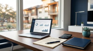 Signed management agreement and owner dashboard on a laptop for an out-of-state owner hiring a Texas property manager