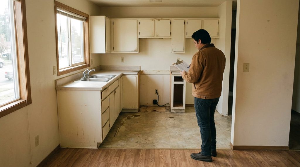 Property manager with a clipboard inspecting a vacant apartment unit during a property audit