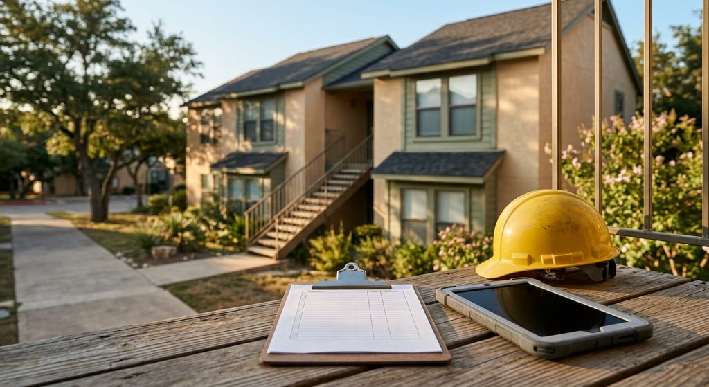 Inspection checklist and tablet at an apartment community for property inspection reporting