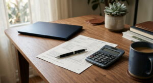 Desk with a property tax statement and calculator for a Texas apartment owner