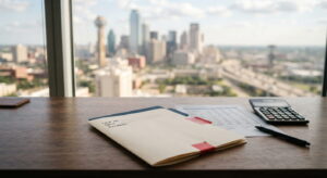 Evidence folder, calculator and rent roll on a desk prepared for a Texas property tax protest