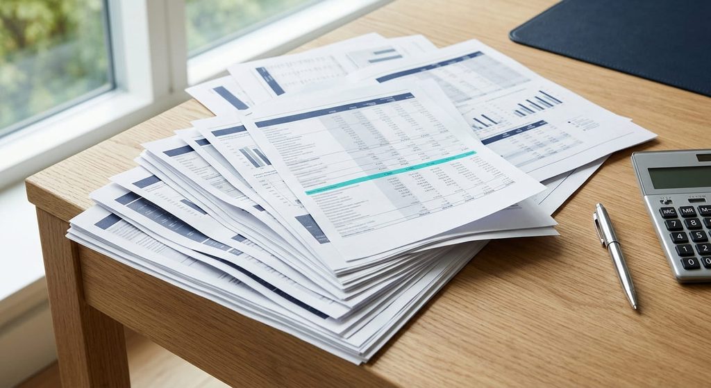 Printed aging report pages on a desk showing apartment rent balances sorted by bucket