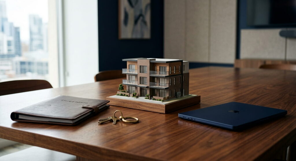 Court order folder, keys and apartment building model on a table, representing a receiver or lender-controlled asset