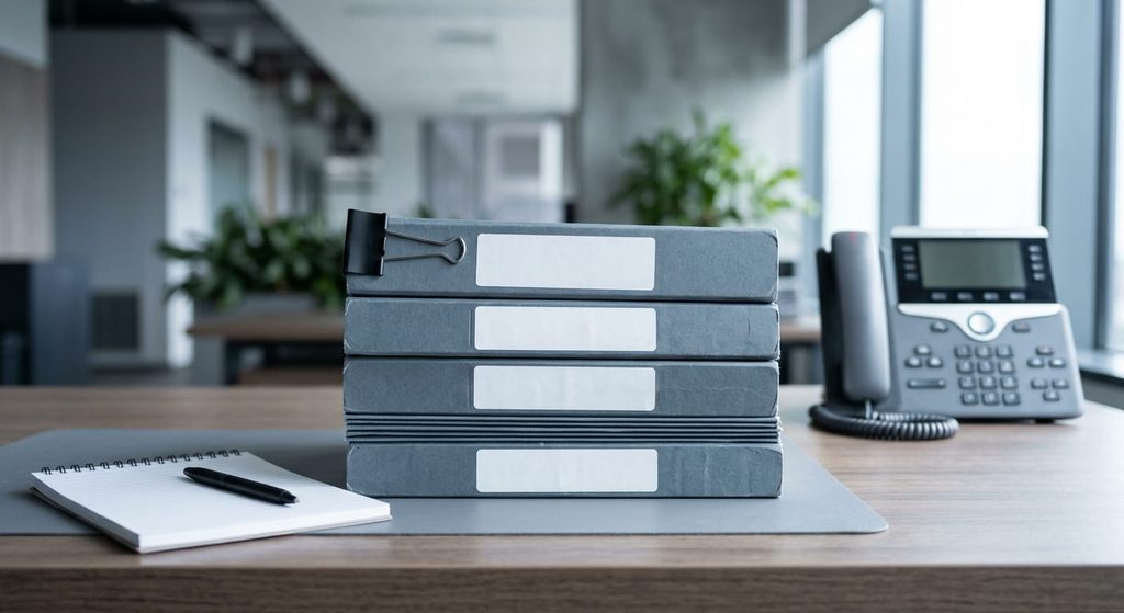 Closed collection case files and desk phone for recovering former-resident rent balances