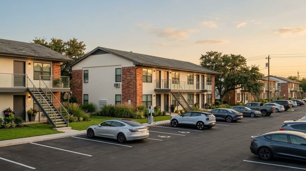 Renovated two-story apartment community with fresh paint, trimmed landscaping and a resealed parking lot at golden hour