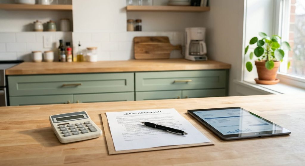Lease addendum and utility bill statement on an apartment kitchen counter