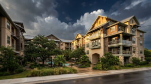 Texas apartment community with a clearing storm sky, representing multifamily property insurance renewals