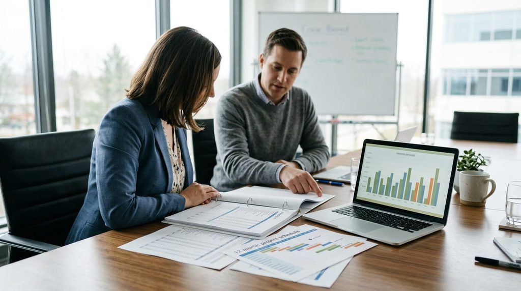 Owner and property manager reviewing a turnaround plan and 12-month budget at a conference table